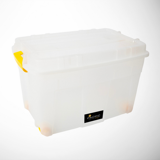 Clear Storage Bin on Wheels 85 Liter